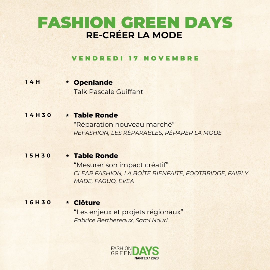 [FASHION GREEN DAYS] - Le programme #4 Découvrez, dès à présent, la deuxième partie du programme du Vendredi 17 novembre, de la prochaine édition des Fashion Green Days «Re-créer la mode» ! 🔽 Pour s’inscrire: vu.fr/RylOy