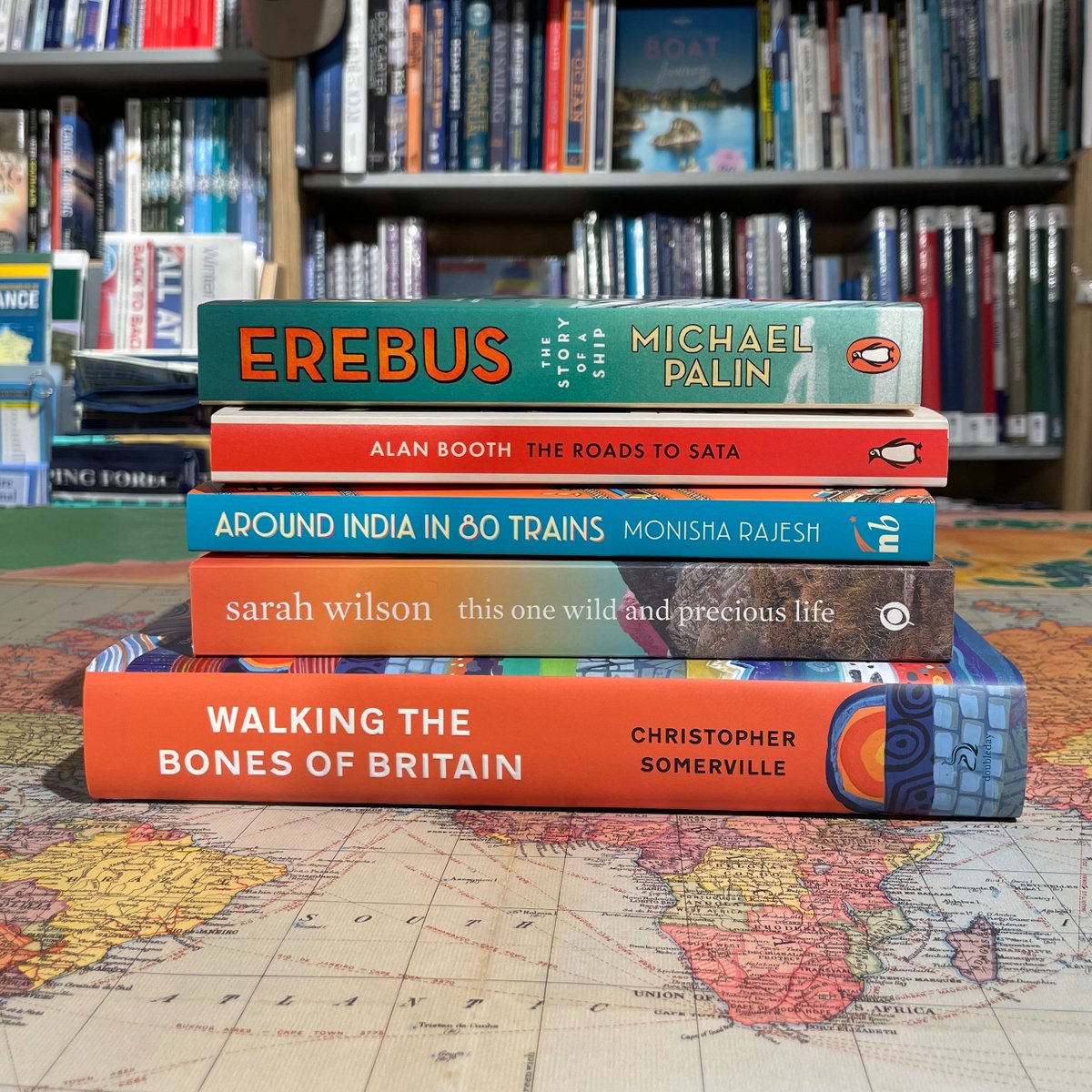 Top 5 Bestsellers in Travel Writing in October 📚👏 Erebus: The Story of A Ship by @MichaelPalin10 The Roads to Sata by Alan Booth Around India in 80 Trains by @monisha_rajesh This one wild and precious life by @_sarahwilson_ Walking the Bones of Britain by @somerville_c