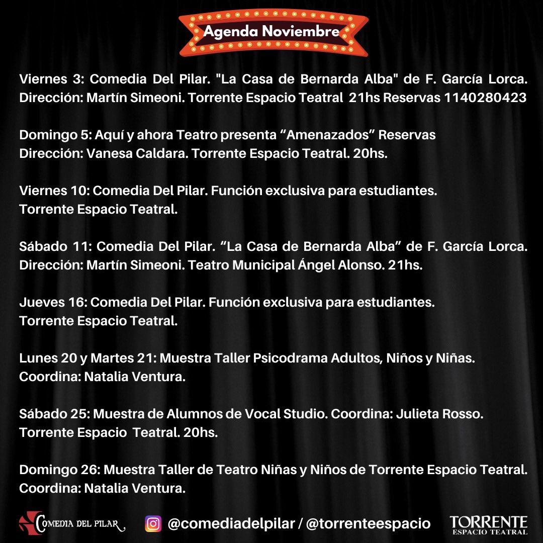ComediaDelPilar's tweet photo. Compartimos agenda Comedia Del Pilar &amp; Torrente Espacio Teatral Pilar📣🎭📣🎭📣 #teesperamos https://t.co/Vs6L6BScZL