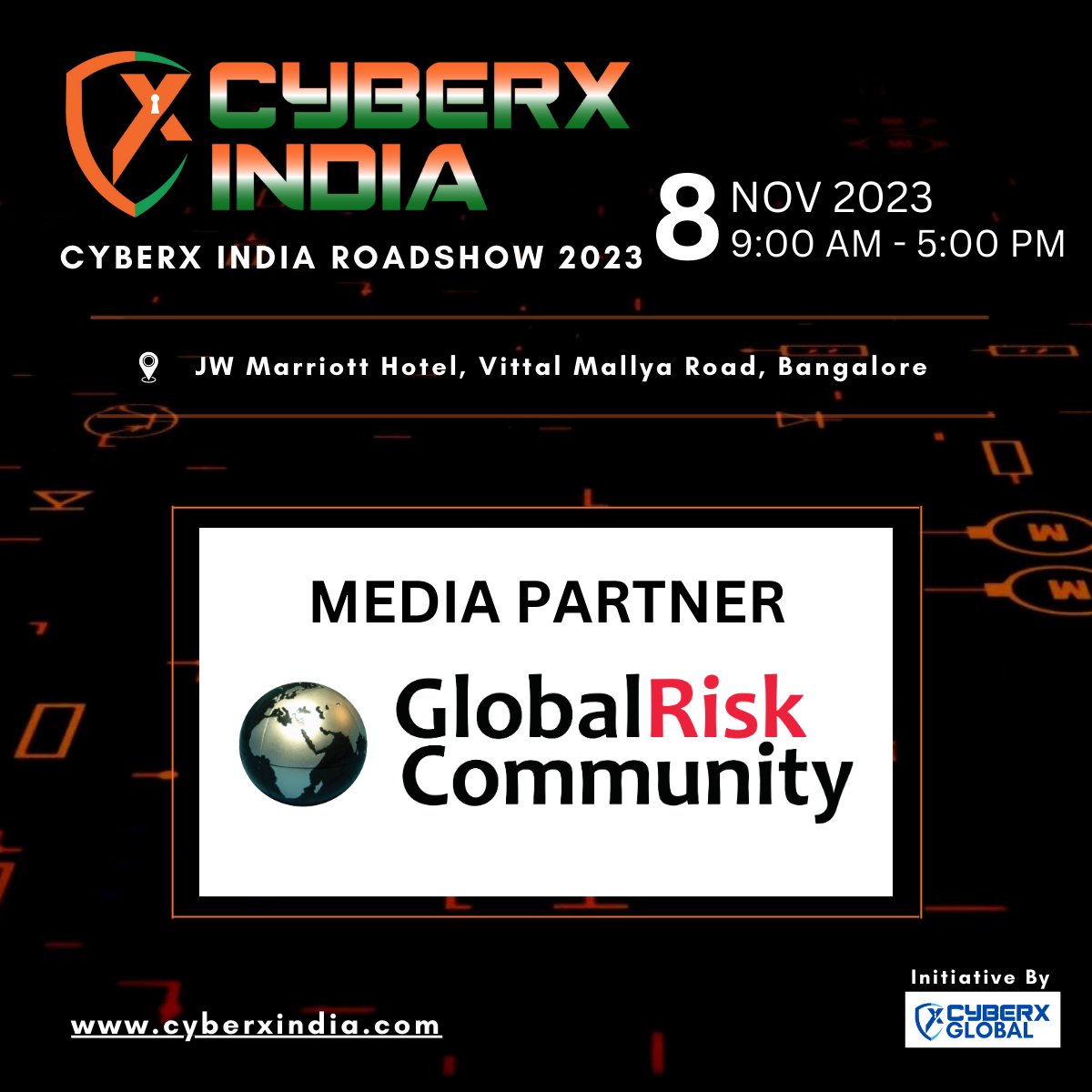Joining us as #Mediapartner Global Risk Community
for Cyberx India ROADSHOW 2023 on 8th Nov 2023 in Bangalore

Date: 8th Nov 2023
Venue: JW Marriott Hotel, Vittal Mallya Road, Bangalore, India

REGISTER NOW lnkd.in/eVJvRh-8

Follow us on <a href="/IbentoG/">Ibento Global</a> for more details on events