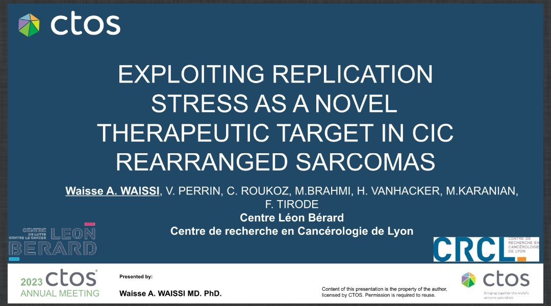 So honoured to present our data d on targeting rep stress in one of the most dead-dealing sarcoma during #CTOS2023. ATRi seems to be a promising agent alone and with irradiation. Thank you @ctosociety for highliting these ultrare Tumors in a special session. @CLCCLeonBerard