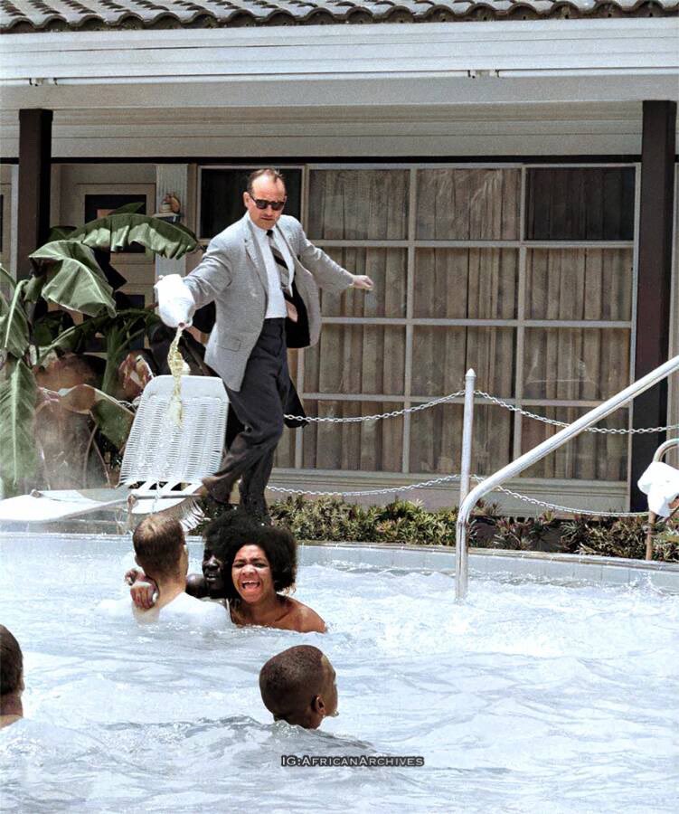 In 1964, a white hotel manager named James Brock poured acid into a whites-only pool at the Monson Motor Lodge after Black activists jumped into the water during a "swim-in" protest. 

—On June 18, 1964, motel manager James Brock poured muriatic acid into the swimming pool at the