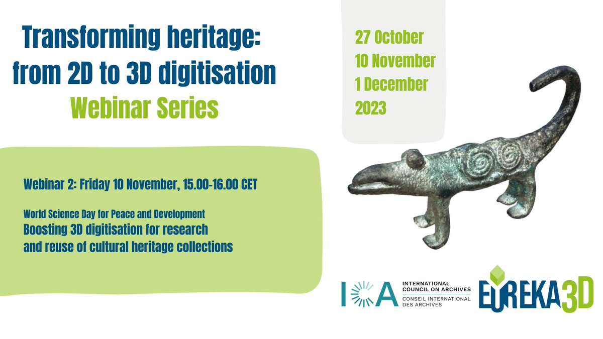 Next webinar “Transforming heritage: from 2D to 3D digitisation” is approaching! 🌐

🗓️Join us on 10th November and learn more about research and reuse of 3D digitisation in cultural heritage collections.
Registrations open: eureka3d.eu/transforming-h…