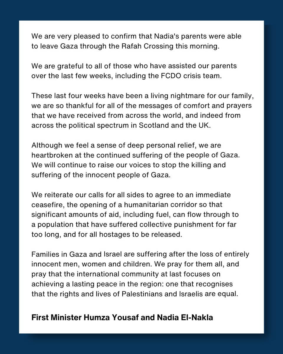 We're hugely relieved that Nadia's parents have been able to leave Gaza. We thank everyone for their messages of comfort over the past few weeks. Our thoughts are very much with those who can not leave and still suffering in Gaza. We will continue to raise our voices for peace.