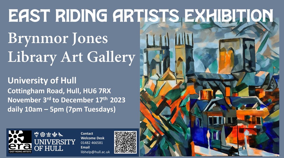 HullUni_Library's tweet photo. We are delighted to announce that our new exhibition, the East Riding Artists Annual Exhibition, will be showing at the University Library from today until Sunday 17th December.
The Gallery is open daily 10am-5pm, with a late opening to 7pm every Tuesday https://t.co/t4du6GNoxx