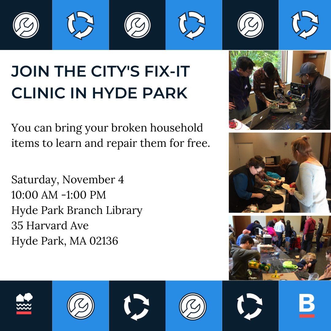 TOMORROW IN HYDE PARK! 10 am - 1 pm at the Hyde Park Branch Library, join us for a Fix-It Clinic!

You can bring your broken household items, including clothing, fabric, electrical devices, computers, toys (and more) to learn and repair them for free.