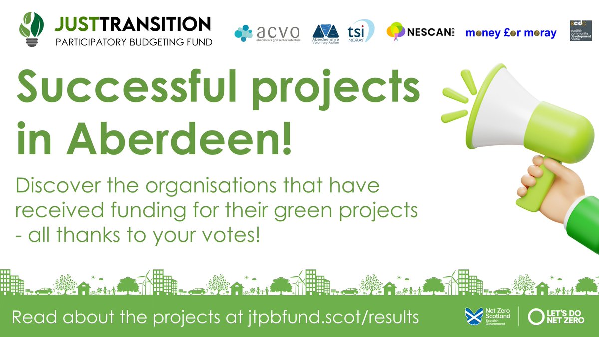 🗳We are delighted to announce the #Aberdeen projects who have received funding from the #JTPBFund!

🌱A huge thank you to everyone who voted & had their say – helping shape our path towards a #NetZero future in #Scotland

Discover all the projects➡️ jtpbfund.scot/aberdeen