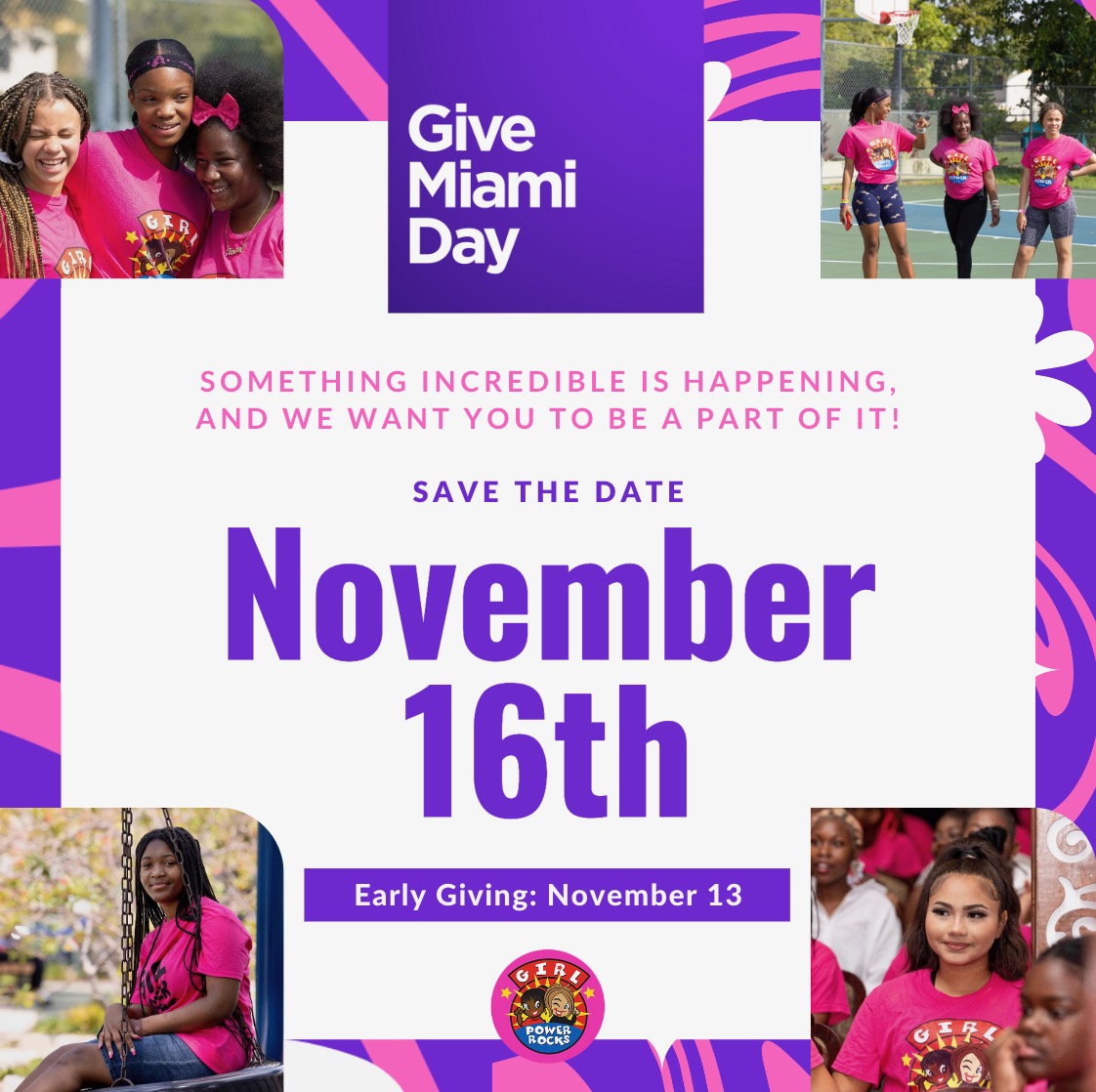 Save the date for Give Miami Day on November 16th! 🗓️ Join us in a day of unity, generosity, and impact. Your support amplifies our mission of empowering girls and young women through Girl Power Rocks. 🌈💖 #GiveMiamiDay x #EmpowerHer #CommunityImpact #GirlPowerRocks