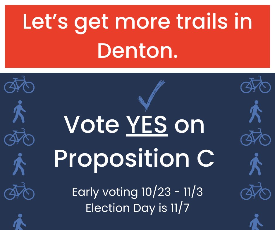 bikedenton's tweet photo. Denton must pay 20% of total project costs to be eligible for these funding awards that pay 80% of the total cost. 

Vote YES on Proposition C (Parks System) to put another $15 million towards trail development that could be leveraged for up to $75 million in trail projects! https://t.co/79WOJahakX