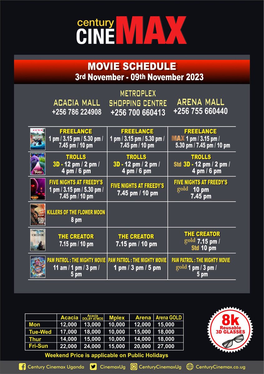 Century Cinemax schedule
3rd to 09th November 2023
#Ccarena
#Ccacacia
#CcMetroplex