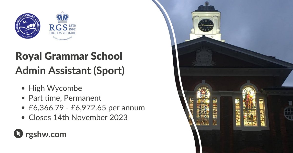teachbucks's tweet image. The Royal Grammar School (Boys) seek an Admin Assistant (Sport) to provide a comprehensive administrative and support service to the Sports Department. If you have excellent organisational skills, apply here: jobs.buckinghamshire.gov.uk/job_detail/294…
#AdminAssistant #SchoolSupport #Education