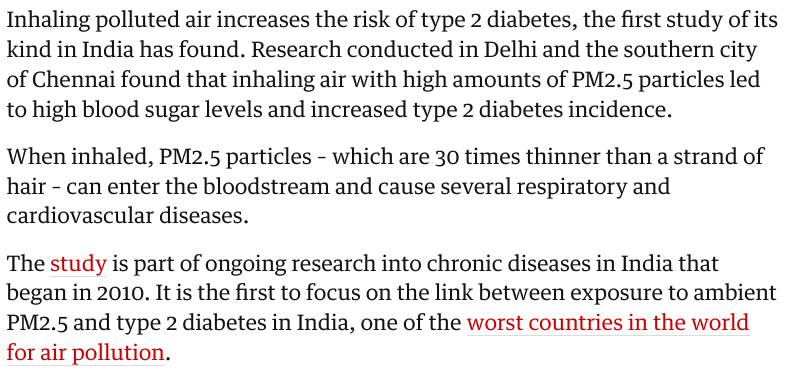 There's growing evidence to show that air and water pollution increases the risk of type 2 diabetes among Indians.

If the quality of life deteriorates, there will be a tipping point where people just give up and start moving from large cities to places with better living