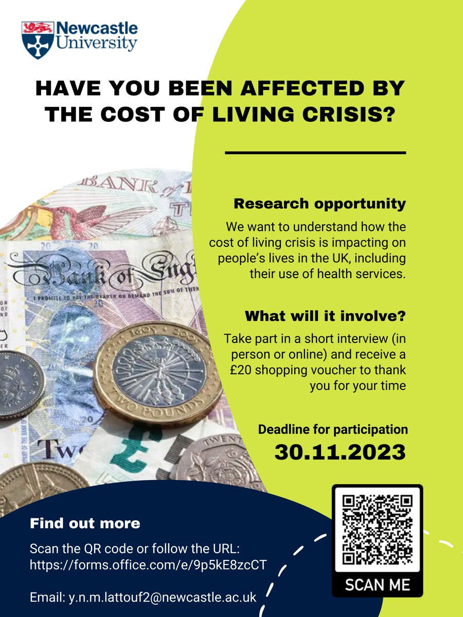 Have you been affected by the cost of living crisis? Are you living in NE England and willing to take part in a short (30min), confidential research interview, either in person or online? If so, please complete this form and we will get in touch with you: forms.office.com/e/9p5kE8zcCT