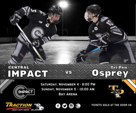 📢🏒 Central Impact is hitting the road this weekend to face off against the <a href="/TriPenOsprey/">U18 Tri Pen Osprey</a> !

📅 Game 1: Saturday night at 8:00 PM
📅 Game 2: Sunday morning at 10:00 AM

Let's bring home those wins!

#RespectAllFearNone #AllIn #NoExcuses 
#MakingAnImpact 💥