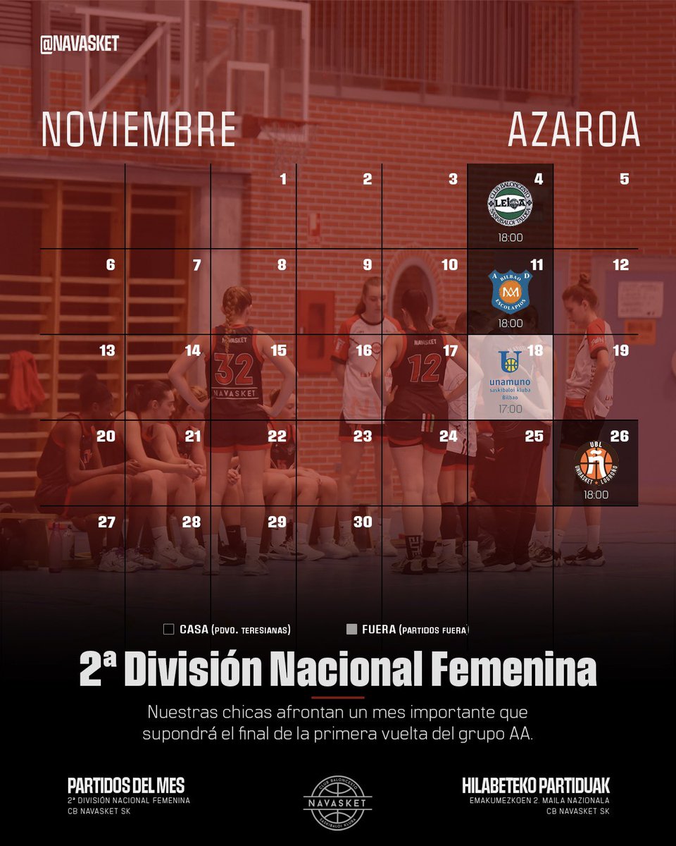 Navasket's tweet photo. 🛡️⚔️ 𝐍𝐎𝐕𝐈𝐄𝐌𝐁𝐑𝐄 𝐞𝐧 𝐂𝐀𝐒𝐀 ⚔️🛡️
Nuestros dos equipos de categoría nacional jugarán un total de 5 partidos en casa.

¡¡No te los pierdas y ven a animar!!💪🏻🏀

🗃️ P.D: publicación para guardar.

#NVT #Navasket #1aMASC #2aFEM https://t.co/9K1VyIUKJ1