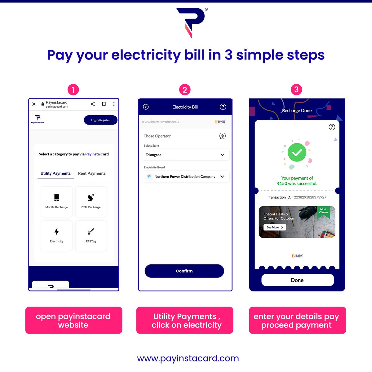Pay your electricity bill in 3 simple steps.
1. open payinstacard website.
2. Utility payments you can see the electricity click on it.
3.enter your details pay proceed payment.
.
.
.
#payinstacard #EasyPay #recharged #SafeAndEasy #digitalpayments #EasyPayments