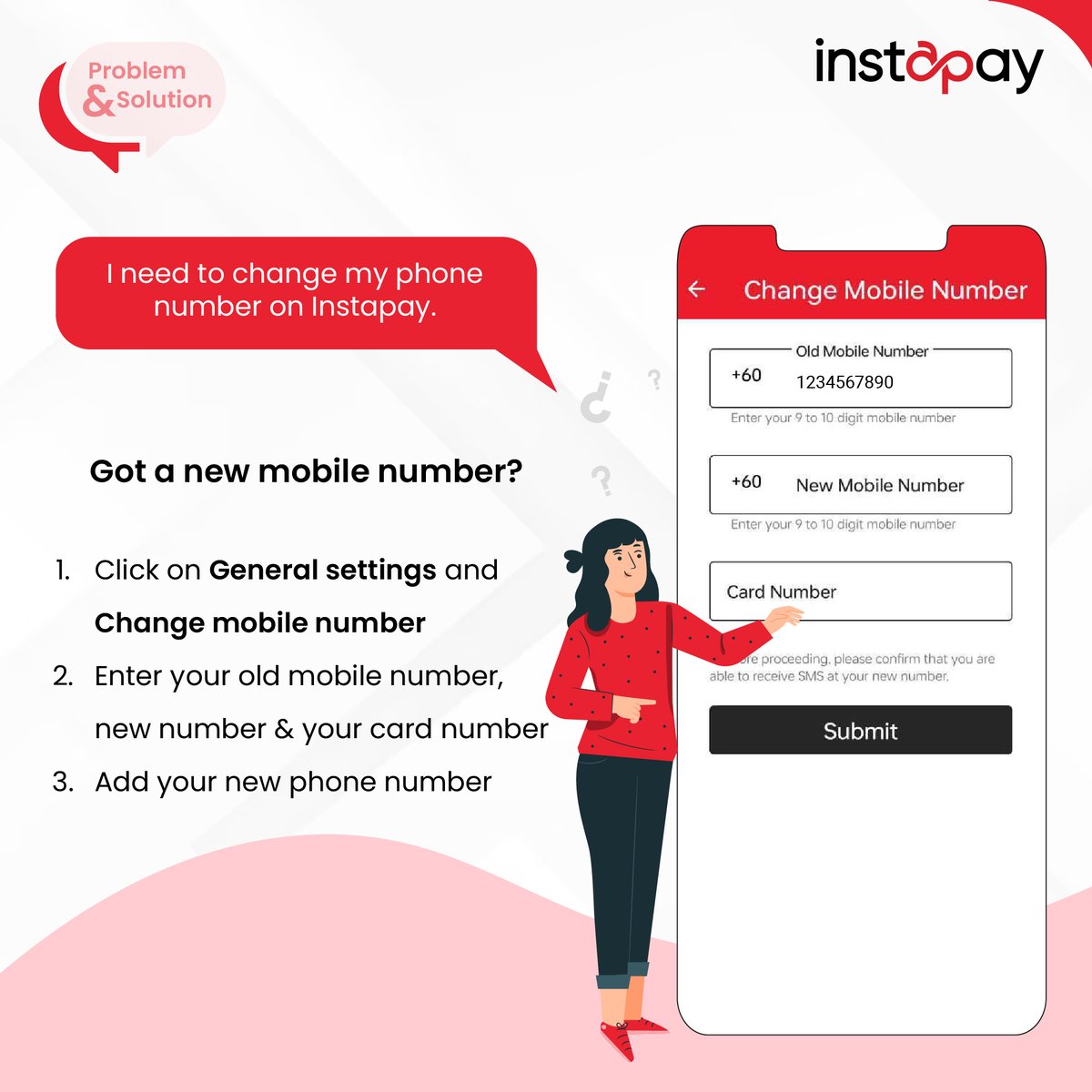 InstapayT's tweet image. Stopped using your old phone number?
Need to update your new number on Instapay?
No need to worry.
Change your number on the Instapay app in a few simple steps.
#problemvssolution

#Instapay #InstapayTech #updatephonenumber #instapaysolution #Remittance #MoneyTransfer #Ewallet