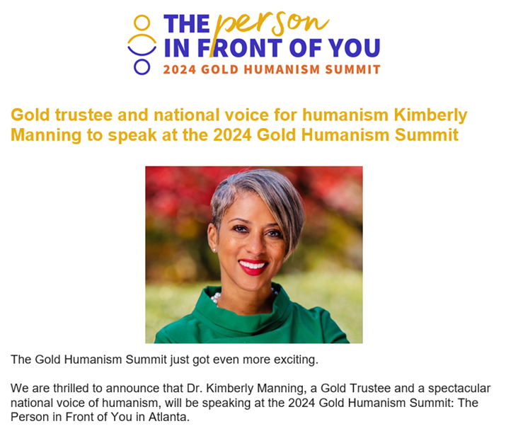 @gradydoctor Kimberly Manning, aka 'the national voice for humanism', will be the opening plenary speaker at the 2024 Gold Humanism Summit. We see you! 🎉🩷 @GoldFdtn, #humanismalways