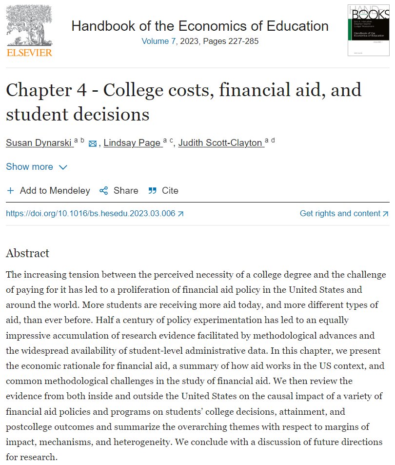 Chapter 4: College Costs, Financial Aid, and Student Decisions by Susan Dynarski @dynarski Lindsay Page @linzcpage Judith Scott-Clayton @jscottclayton 👇 doi.org/10.1016/bs.hes… WP version: nber.org/papers/w30275 5/7
