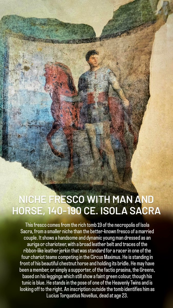 antmoose's tweet image. #FrescoFriday again brings us to admire a #fresco from the family tomb of the gens Torquatia Novella, this time a heroically posed young man holding his horse&apos;s bridle. Was he an #auriga or just a fan? It&apos;s hard to know - it was the #Rome equivalent of wearing a football jersey.