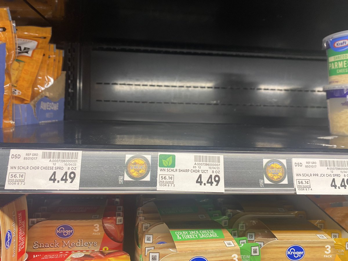 JMV1070's tweet photo. We’ve run’em outta #Spreadability again @kroger Win Schuler’s row is empty. https://t.co/A0ZEudCpSy