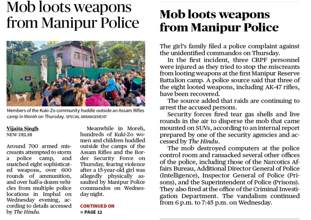 ITLFMedia_Cell's tweet photo. When Meitei terrorists rule the state, and continue to freely loot armouries, the communal CM and his cabinet will be silent.

No action! No emergency Cabinet meeting, and no declaration of #ArambaiTenggol and #MeeteiLeepun as illegal/terrorists organizations under the UAPA.

NOR do we hear any swift and hard-hitting retaliation by the #ManipurPoliceCommando (who loves to terrorise innocent tribals), because the Arambai Tenggol/Meetei Leepun and Manipur Police are one and the same.

Source: The HINDU @vijaita

#ManipurViolence 
#ManipurHorror
#SeparateAdministration4Kuki_Zo
#UTWithLegislatureForKukiZo
#ManipurPoliceTerrorizingTribals