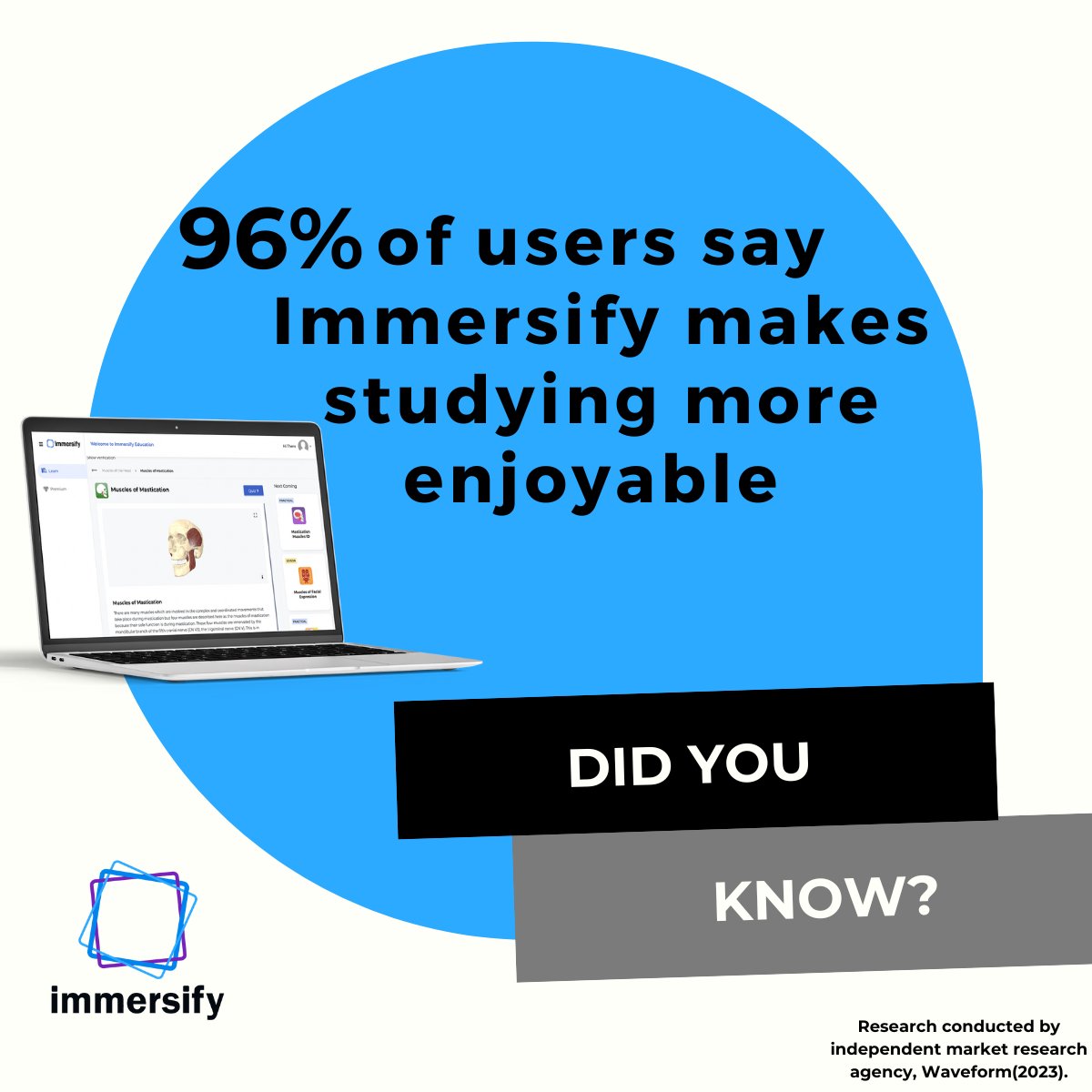 Struggling to engage students? 📚 96% agree: Immersify makes learning enjoyable! Our immersive features captivate and hold their attention. Organisations, let's chat! 👉 bit.ly/3P662zi Research by Waveform (2023). #Immersify #EdTech