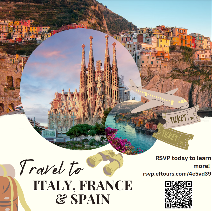 From Mr. Sakole....
Want to see Italy, France, and Spain on the Mediterranean coast!?!?!? Register for the Interest Meeting for our Spring Break 2025 Trip!!! Scan the QR code or go to use this link: rsvp.eftours.com/4e5vd39