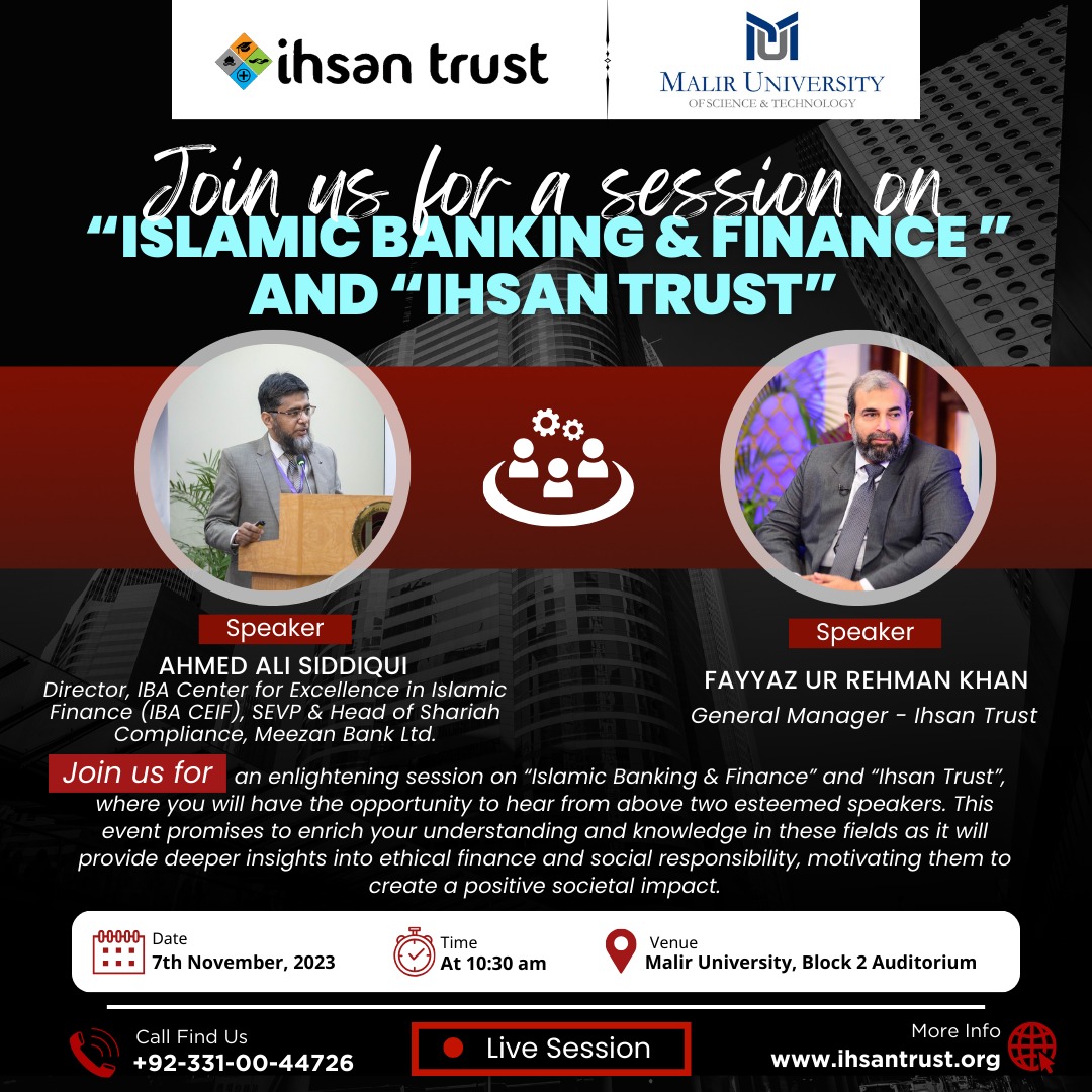 UniversityMalir's tweet photo. Malir University of Science &amp; Technology is going to organize an  insightful one-day session on Islamic banking and finance in collaboration with Ihsan Trust on Tuesday 7th November 2023 at Malir University main auditorium in Block 2. 

#IslamicBanking #IhsanTrust #MU https://t.co/OqU1Nb7bAl
