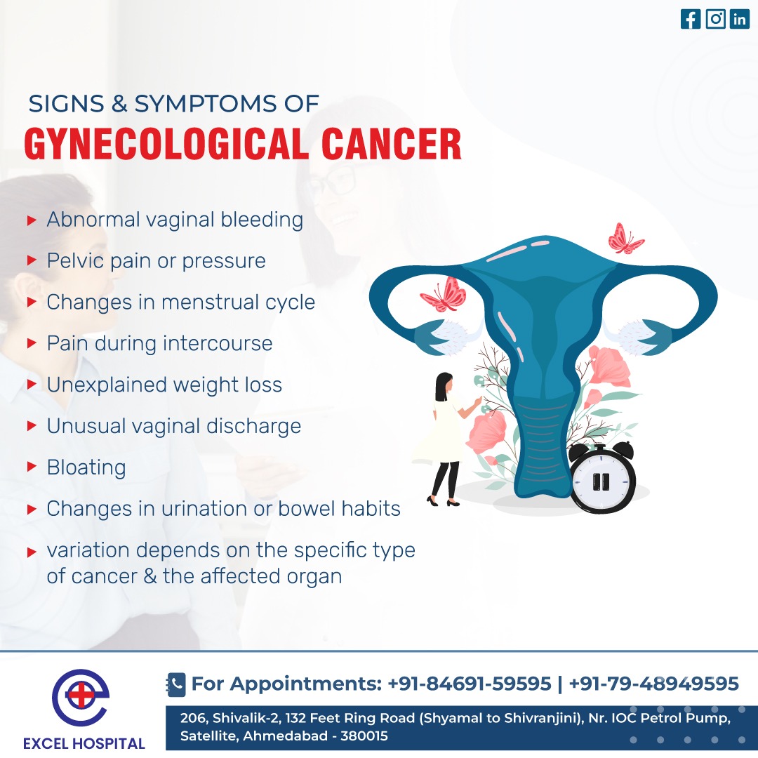 Know the signs of gynecological cancer: abnormal bleeding, pelvic pain, changes in menstruation, and more. Symptoms vary by type. Don't wait, schedule your appointment today.

#ExcelHospital #DrAartiVazirani #WomensHealth #GynecologistConsultation #gynecologicalcancer