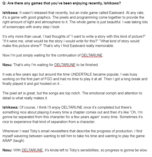 uwurianger's tweet image. I'm not going to translate the whole articlefrom the Nasu/Nino/Ishikawa interview but this one section grabbed my attention.