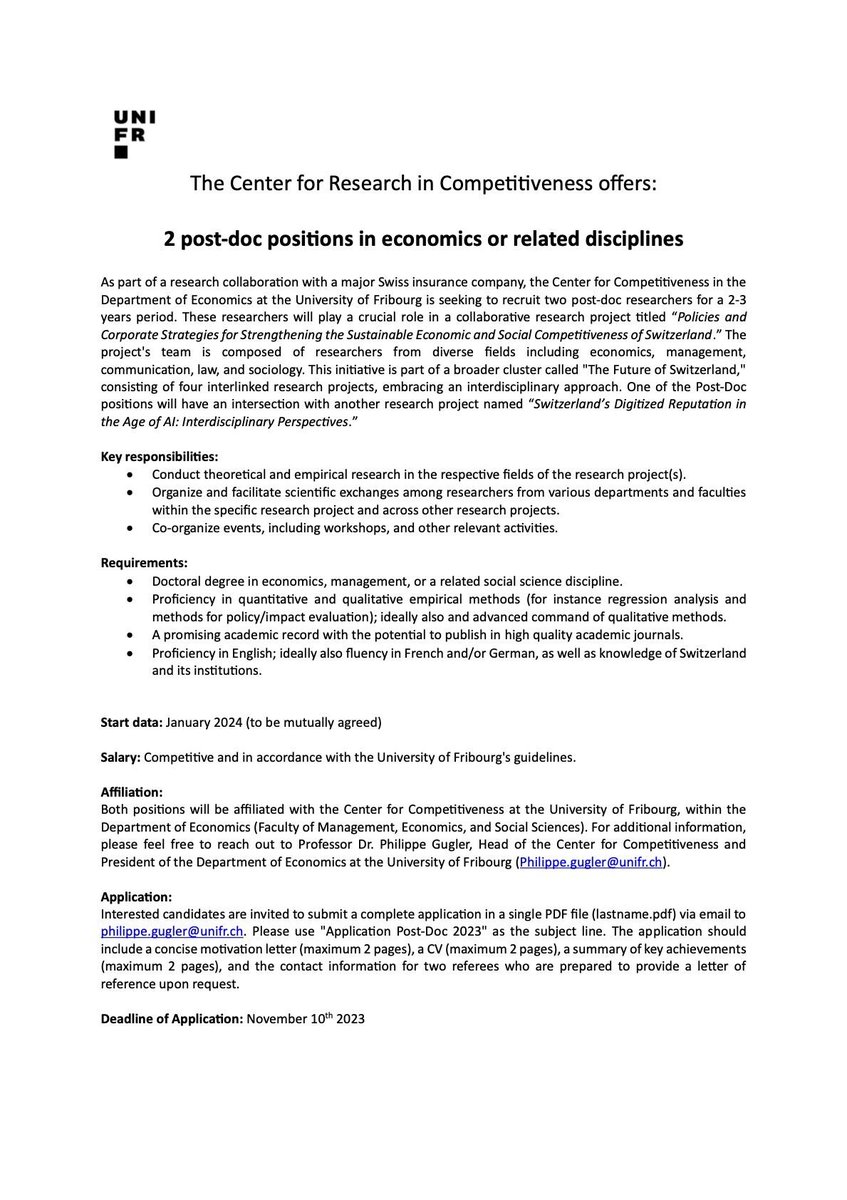 CausalHuber's tweet image. #EconTwitter- #CausalTwitter We have 2 open post-doc positions at the Dept of Economics at @ses_unifr @unifr. Please share and/or apply by Nov 10: