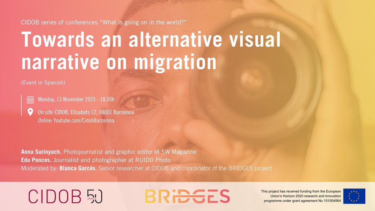 Save the date📢

On 13 November, we will host a conversation with <a href="/surianna/">Anna Surinyach</a>, <a href="/EduPonces/">Edu Ponces</a> and <a href="/blancagarcesmas/">Blanca Garcés</a> on the potential of photojournalism to transform dominant narratives and to explore alternative visual discourses on #migration

Sign up🔗bit.ly/BRIDGESVisualN…
