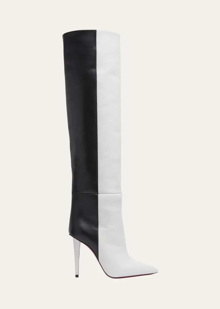 MARIAHSFASHlON's tweet photo. mariah carey wearing christian louboutin astrilarge botta red sole two-tone leather knee-high boots ($1,995) https://t.co/3RBqsHun9j