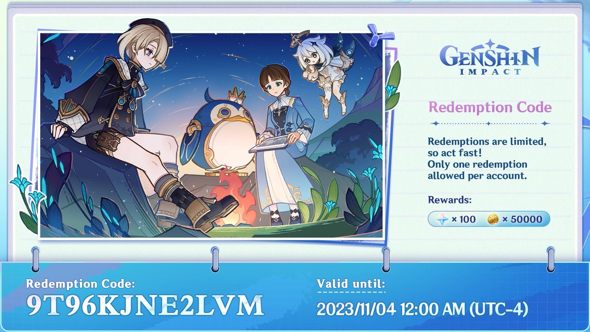 Genshin Update  on X: ✨New code: EA8RWDMBVRTR ▶️Redeem here