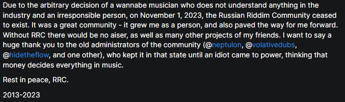 soundcloud.com/aiser-dubz/sub…
rest in peace, RRC, this "musician" won.