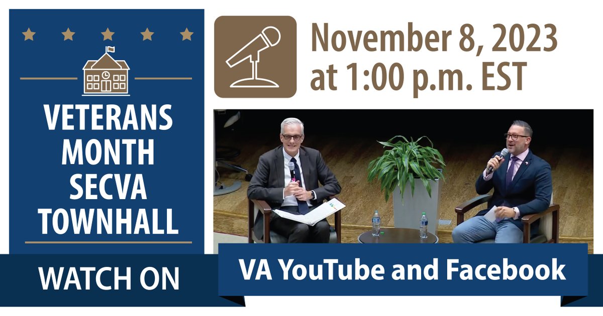 DeptVetAffairs's tweet photo. Join Secretary McDonough for a Veterans Month SECVA Townhall on Nov. 8, 2023, at 1 pm ET - streamed on VA YouTube: https://t.co/YVFt6RZRjJ
#Veteran #Veterans #SECVA #SECVATownhall https://t.co/YsTMRSawPH