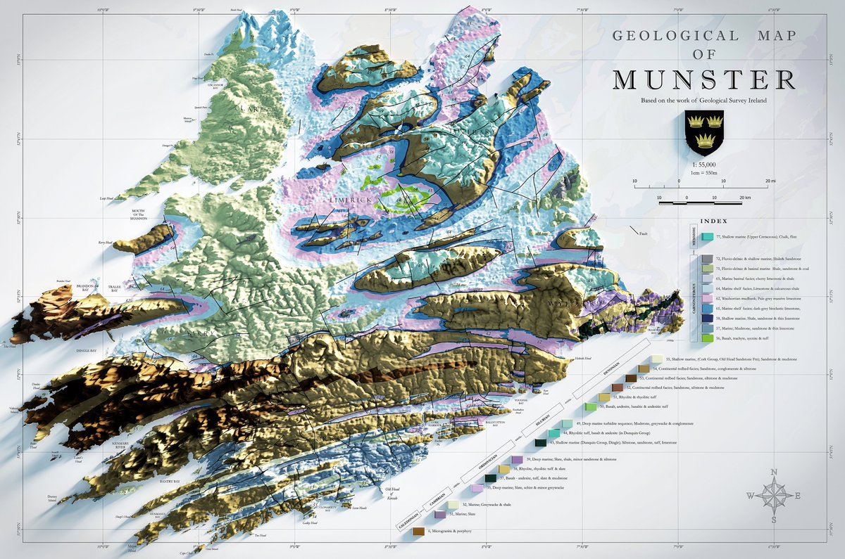 #30DayMapChallenge Day 3 - Polygons Geological Map of Munster, Ireland 🇮🇪 Created using the excellent 500k series bedrock data from @GeolSurvIE ⚒️ Great source for open access data for a broad range of themes! #ireland #gis #cartography #qgis #blender