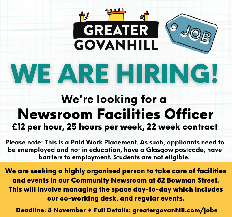 Govanhill_mag's tweet photo. We're hiring! We're looking for a Newsroom Facilities officer for @TheCNewsroom! 

*£12.00 per hour
*25 hours per week
* 22 week contract
* This is a Paid Work Placement. Applicants need to be unemployed and not in education, have a Glasgow postcode, have barriers to employment https://t.co/PTBpj8fXRH