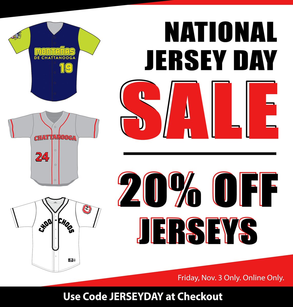 Happy National Jersey Friday! To celebrate, enjoy 20% off our Road, Montañas, and Choo-Choos jerseys today only! Use code JERSEYDAY at checkout. Sale ends at 11:59 tonight (11/3). 🔗 to team store👉 lookouts.milbstore.com