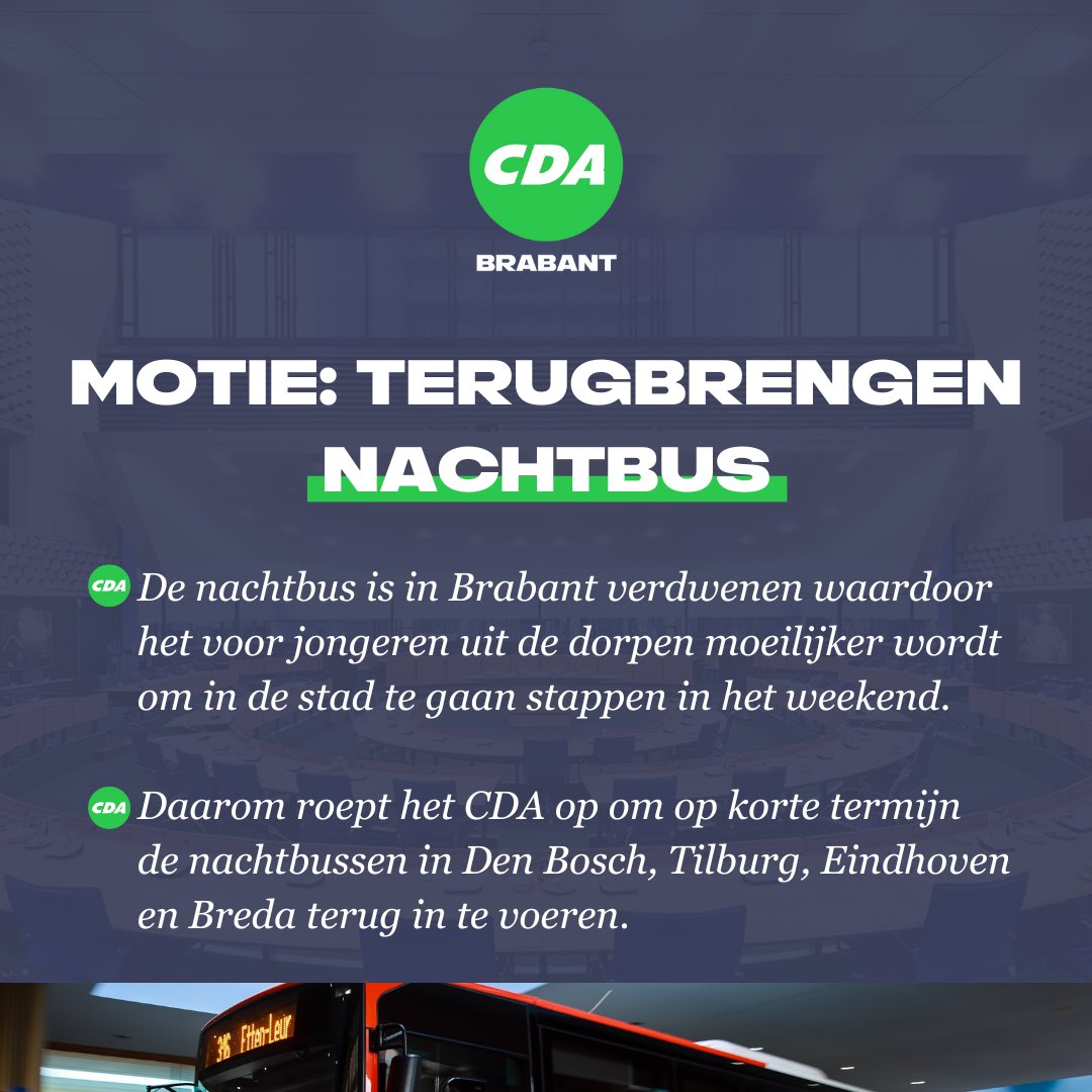 CDABrabant's tweet photo. 💚 Vandaag bespreken we de begroting voor 2024 en als CDA dienen we 3 moties in om samen te bouwen aan Brabant!

1️⃣ Onderzoek starterslening;
2️⃣ Terugbrengen nachtbus;
3️⃣ Leefbaarheid kleine kernen.

👆 Lees hier waarom we deze moties indienen en waar we om vragen! https://t.co/SZXAXc13J8