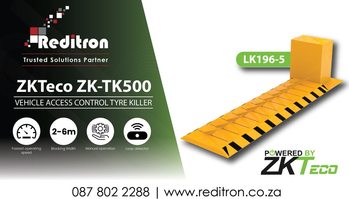 Reditron's tweet photo. When speed is of the essence, nothing compares to the ZKTeco Tyre Killer – it stops any vehicle dead in its tracks.

Reditron, your trusted solutions partner is the best place to find this new security solution. Visit your closest branch or visit https://t.co/sL7m9oaFkw
#Reditron https://t.co/nMRNB2Kluu