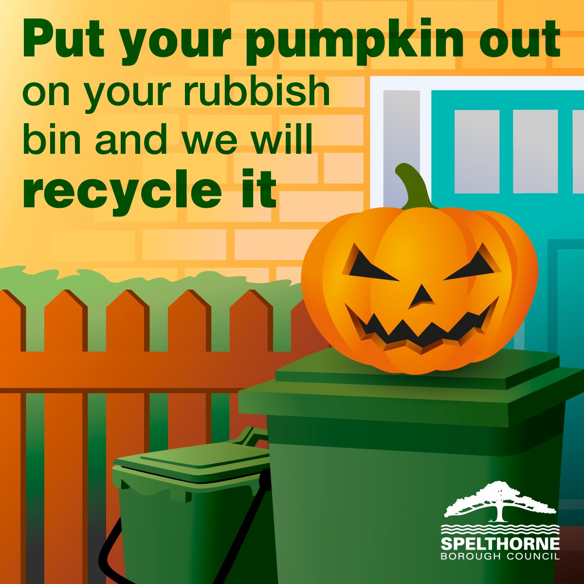 Put your Halloween pumpkin on your rubbish bin and we will collect and recycle it, they are used to generate electricity! We will still collect them next week. #recycle #recycling #food #foodwaste #pumpkin #Spelthorne #Surrey #watchyourwaste #recyclespelthorne #Halloween2023