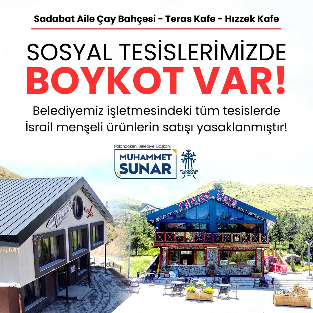 • Palandöken Belediyesi olarak sosyal tesislerimizin tamamında İsrail menşeli ürünlerin satışını yasakladık! #boykot @yzyilmaz55 @aliinci_54 @avibrahimK @HaktanOmeroglu . @Selami__Altinok @avfatmaoncu @ozmehmetemin @AbdurrahimFIRAT