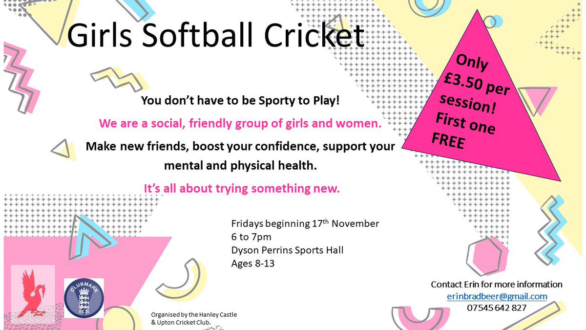 HanleyUptonCC's tweet photo. 📢 | Attention all girls aged 8-13! We are excited to invite you to join our brand new girls softball cricket! It’s the perfect opportunity to try something new and have fun!
🎟️ First session FREE!!
📍 Dyson Perrins Sports Hall 
🗓️ 17th Nov | 6 PM - 7 PM
🏏 Softball (entry level) https://t.co/JdvbLY3GOQ