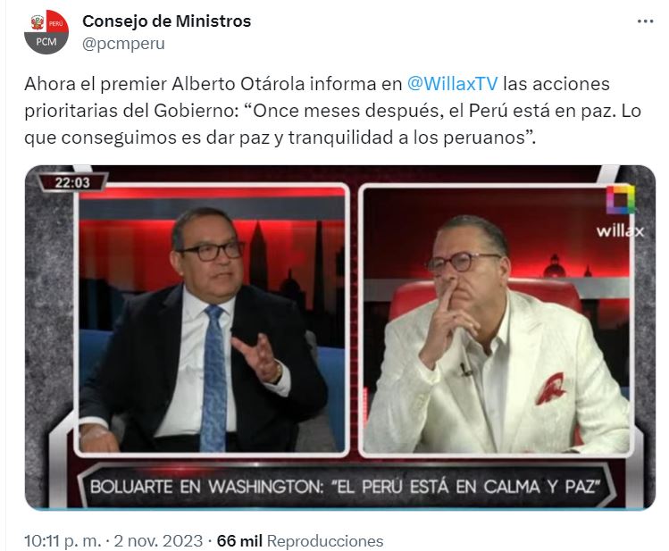 A lo que hemos llegado: el Consejo de Ministros tuiteando una entrevista en Willax al carnicero Otárola realizada por el servil y rastrero con el gobierno, Phillip Butters. 

Felipe Mantequilla, el siempre crítico e insoportable, se arrodilló y le lamió las bolas a Otárola.
