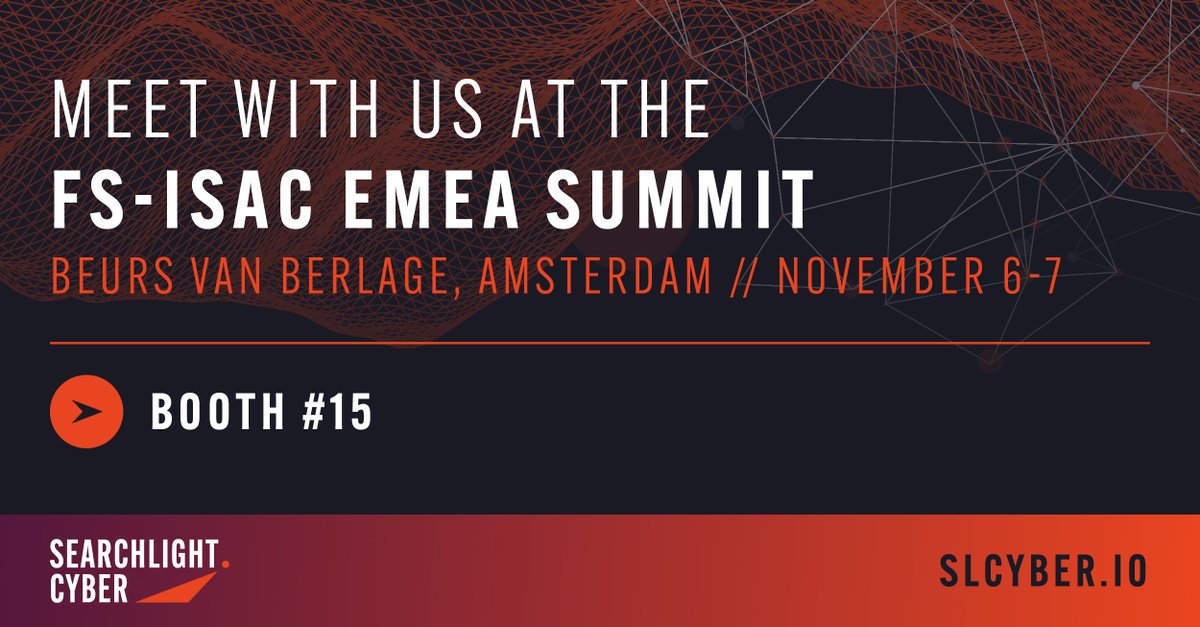 SLCyberSec's tweet image. Next week the Searchlight Cyber team will be in Amsterdam for the @FSISAC EMEA Summit. Meet us at Booth 15 to discuss everything #darkwebintelligence or use this link to book a meeting at the conference: meetings-eu1.hubspot.com/andrew-laver/f…