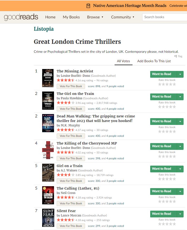 murphynovels's tweet photo. Well, how about that -- DEAD MAN WALKING is joint 2nd with The Girl on the Train in Listopia's Great London Crime Reads!

#GreatLondonCrimeReads #Listopia #DeadManWalking #crimethriller #RickTurnerBooks #HQStories https://t.co/2nRLD3WKLO