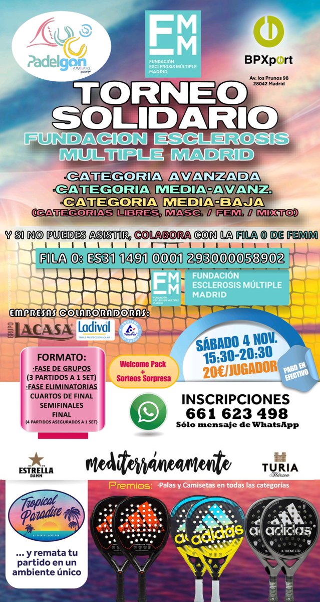 FundacionEMM's tweet photo. No podemos estar más felices 😀
Inscripciones cerradas ¡y agotadas 🥳!
Ahora solo queda cruzar dedos 🫰 para que el tiempo acompañe mañana🍀
Gracias @EventosPadelGon y @bpxport #LosPrunos por vuestra la en esta iniciativa de apoyo a las personas con #esclerosismultiple 🫶 https://t.co/lQ8xsuwDEB