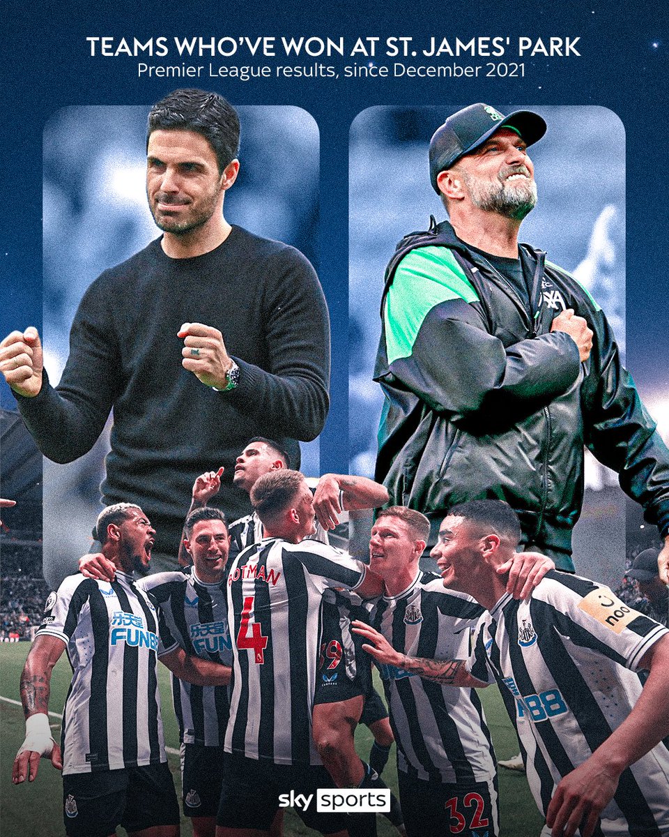 SkySportsPL's tweet photo. Arsenal and Liverpool are the only two sides to have won a Premier League fixture at St. James Park since December 2021... 

Can Mikel Arteta's men repeat that feat today? 👀

Newcastle vs Arsenal is live on Sky Sports PL from 5pm! 🍿 https://t.co/5oJ45GDn3N